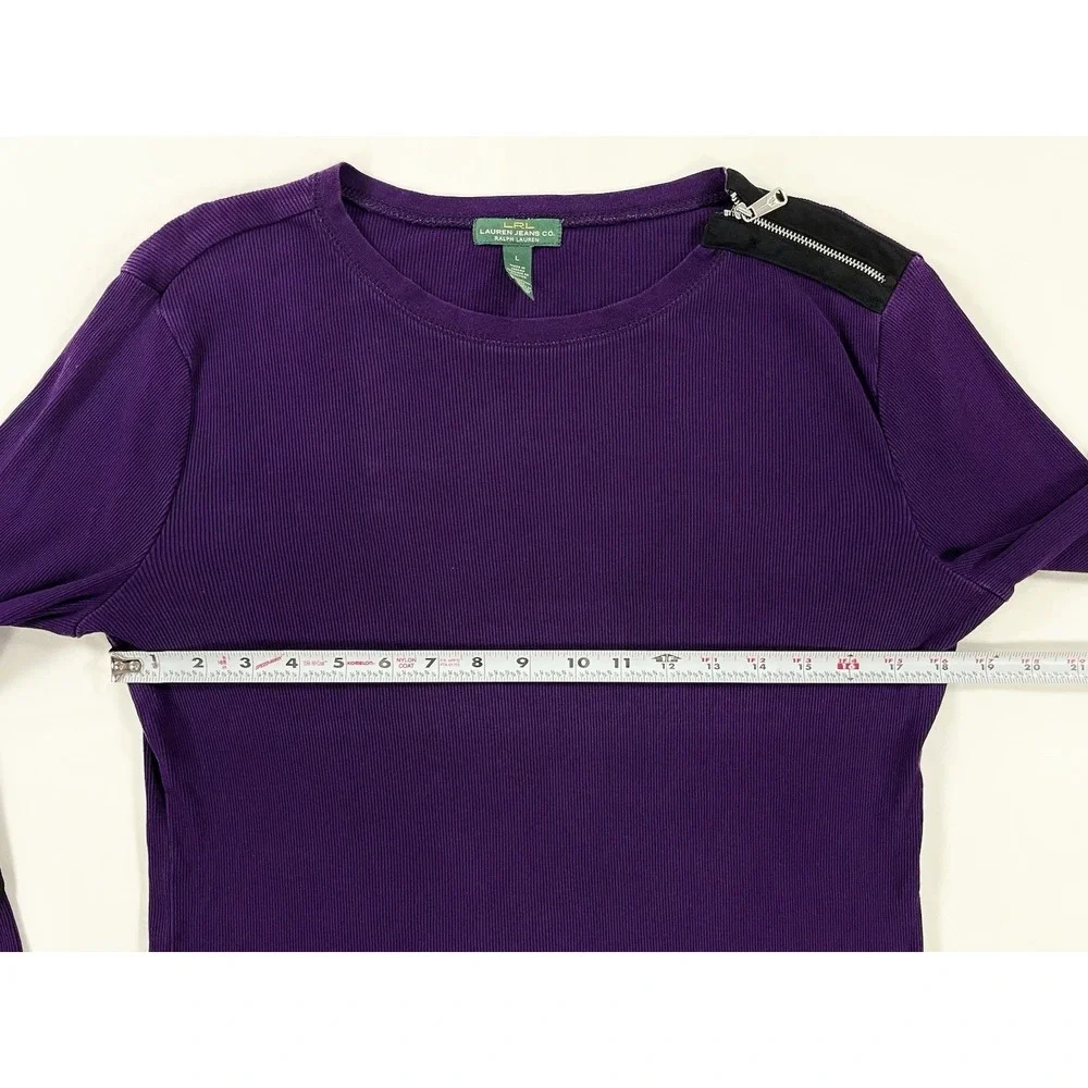 Lauren Ralph Lauren Women's L Purple Knit Shirt Shoulder Zip Suede Elbow Patch - Picture 5 of 9